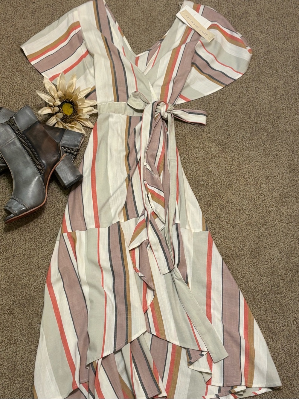 🆕Bnwt saltwater LUXE Milan Cream Striped High-Low Wrap Dress with Blush and Tan